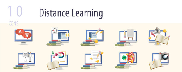 Distance learning set. Creative icons: language classes, programmer course, design course, art course, marketing course, directors course, smm courses, copywriter course, seo course, photographer