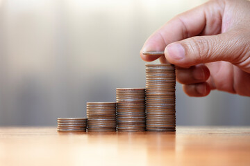 Saving money, concept set with hands young woman putting money, coins, growing business heap....