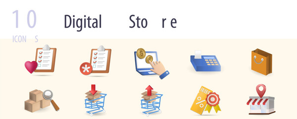 Digital store set. Creative icons: wishlist, favorite list, pay per click, cash register, shopping bag, package tracking, add ro cart, delete from cart, best offer, shop location.