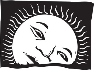 Woodcut style image of the rising sun with a face.