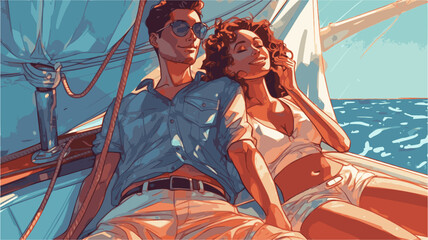 Young couple in love enjoying a trip on a yacht in the sea. Generative AI technology.