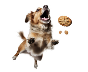 Energetic dog jumping & catching cookies in the air, isolated on transparent background, generative ai