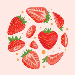 Strawberries in a round frame. Fruits whole and cut into slices. Vector illustration. Suitable for print, social media and backdrops.