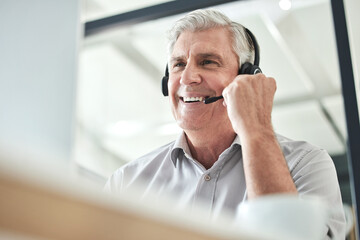 Senior laugh, contact us and call center writing of a professional at a computer for telemarketing...