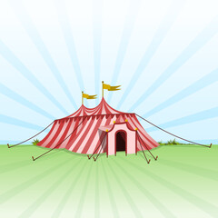 Red and White stripes on classic Circus Tent on Green Grass