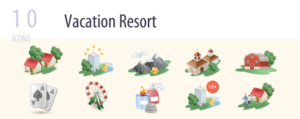 Fototapeta na wymiar Vacation resort set. Creative icons: recreation resort, all-inclusive resort, ecotourism, ranches, casino, amusement park, spa resort, adult only resort, family-focused resort.