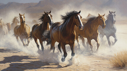 Fototapeta na wymiar A painting of horses running in the desert.generative ai