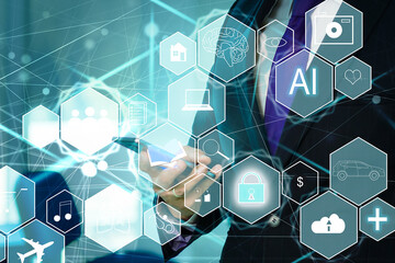 Business technology, IoT Internet of Things, Software development concept. Business man, working on...