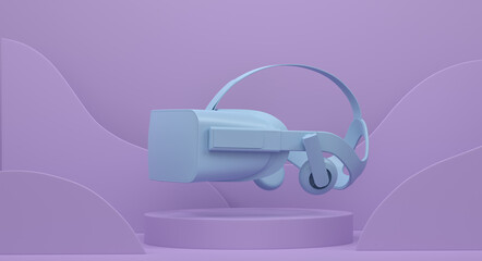 Virtual reality glasses on cylinder podium with step on monochrome