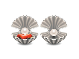 Open seashell with pearl on small pillow
