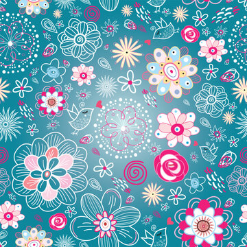 Seamless floral pattern with birds on a blue background