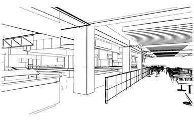 line drawing of the area of the department store hall, the food store section,3d rendering