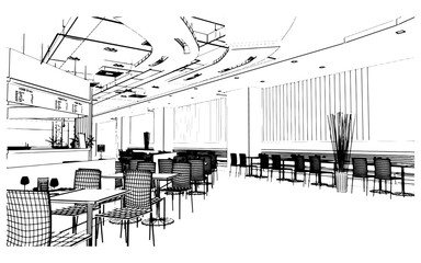 line drawing of the area of the department store hall, the food court section,3d rendering