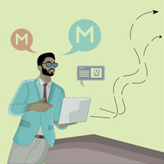 vector a man keep a laptop on his hand flat design