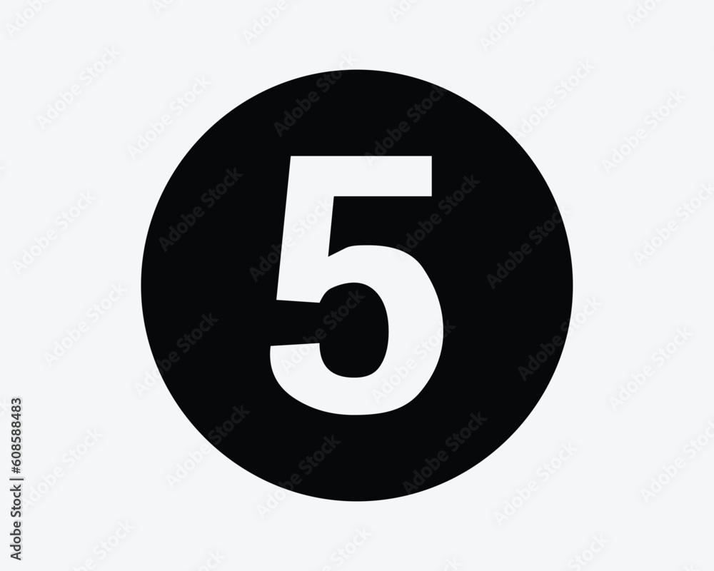 Poster number five icon. 5 round circle digit letter count down counter numeral 5th math sign symbol black 