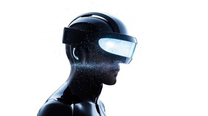 Concept of virtual reality technology. Men wearing VR headset, sparkle background. Human's head silhouette with vr headset. Futuristic Technology. Ai artificial intelligence. Generative AI