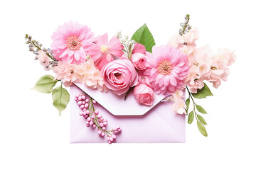 Ai generative.  Composition with pink envelope and beautiful  flowers on white