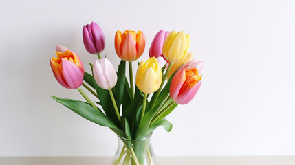 bouquet of  yellow and pink, white, orang, purple tulips on white background with Ai Generated