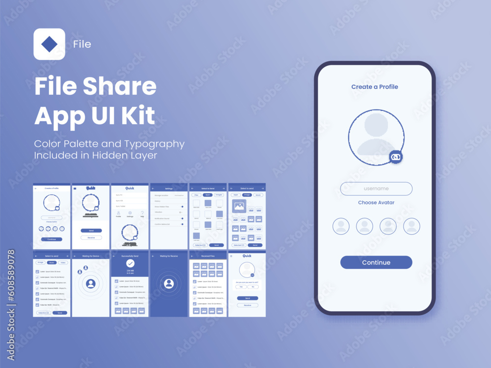 Poster file share app ui kit and different screens template on blue background.