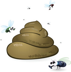 Cartoon feces and flies. Illustration on white background