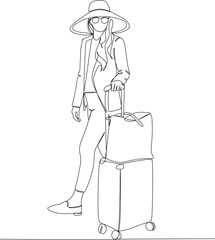 Continuous line drawing of traveler woman with luggage. Single one line art concept of tourist walking with suitcase. Vector illustration