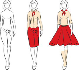 Set of Elegant, Stylized, Hand Drawn Style Fashion Models