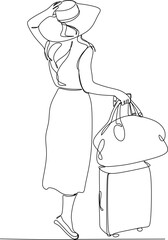 Continuous line drawing of traveler woman with luggage. Single one line art concept of tourist walking with suitcase. Vector illustration