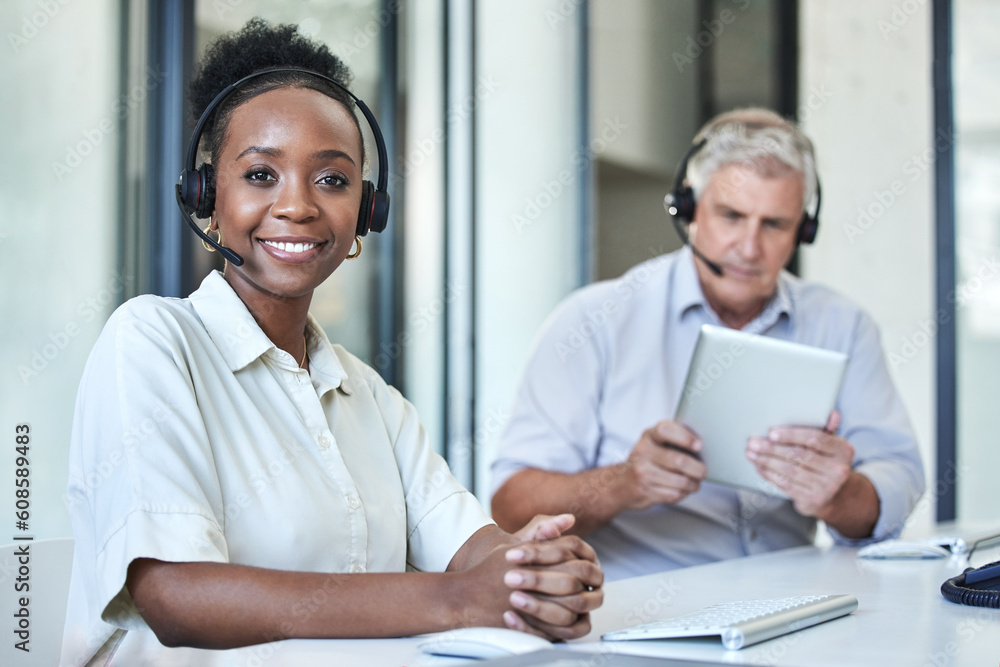 Poster Black woman, portrait and call center work of a employee with telemarketing and contact us job. Phone consultation, African female person and web support in office with staff working on online desk