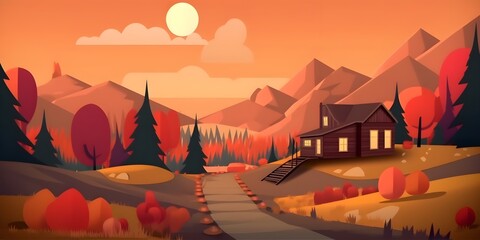 Simple cartoon landscape illustration with house on the sunset, AI generated