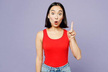 Young insighted smart proactive woman of Asian ethnicity wear casual clothes red tank shirt hold...