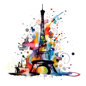 Abstract illustration of eifel tower with colorful paint splashes, AI generated