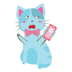 Vector illustration cat blue hold telephone on a white background. Cute kitten in cartoon style. for postcard, banner, web, design, arts