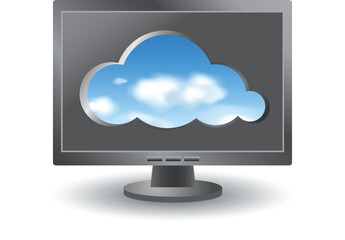 Cloud shape cut out from a computer monitor with a view of the clouds in the sky. Cloud computing abstract concept. Vector illustration.