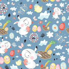 Fototapeta premium Seamless Easter pattern of rabbits on a blue background with clouds and eggs