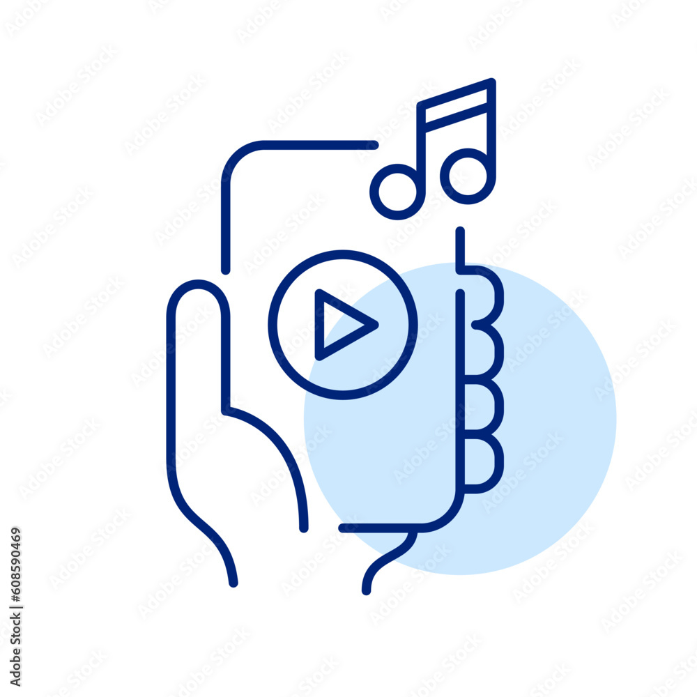 Poster music player app interface. hand holding smartphone with play button. relaxation and entertainment. 
