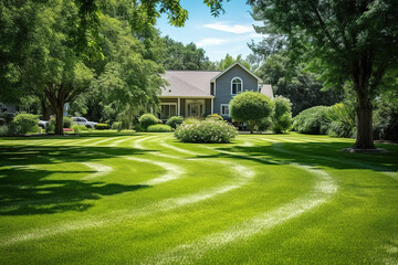 Fototapeta na wymiar American rural houses. On sunny days, images of residential houses with green lawns and leaf frames