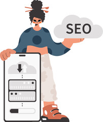 The lively woman is holding a data cloud and a server. Compelled on white establishment. Trendy style, Vector Illustration