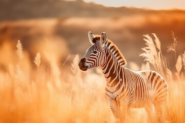 Fototapeta na wymiar Zebra in the African savannah at sunset. Wild nature of Africa