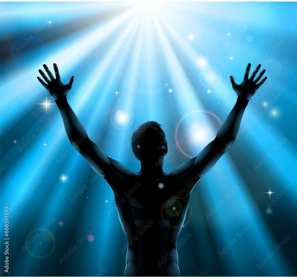 Poster a man with hands held up in silhouette with light rays in the background