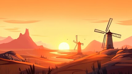 Background windmills. The illustration shows the charm of windmills with a beautifully crafted banner style design. Generative AI.