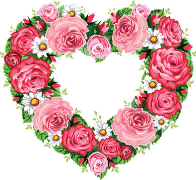 Vector illustration of roses heart frame isolated on white background