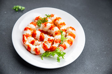 crab stick seafood shrimp shape meal food snack on the table copy space food background rustic top view
