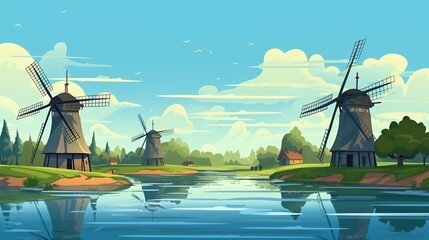 Background windmills. An illustration that evokes a sense of calm and harmony with a banner-style design featuring windmills on a peaceful background. Generative AI.