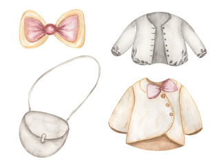 Newborn Baby Girl clipart set. Accessories for a newborn for baby girl. Watercolor hand drawn children cloths