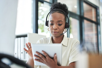 Business woman, tablet and telemarketing work of a employee with web search at office. Contact us,...