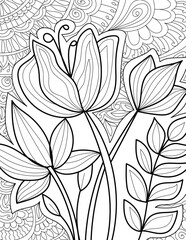 Decorative doodle hand drew floral mehndi design style coloring book page illustration