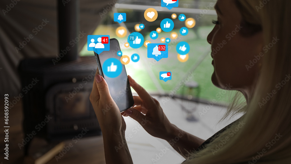 Poster woman use smartphone online to social network, touchscreen device connecting to global cyber net, di
