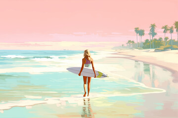 Beautiful woman with surf stands on the seashore in retro style. Back view. Generated AI - obrazy, fototapety, plakaty