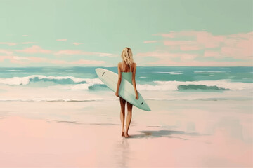 Beautiful woman with surf stands on the seashore in retro style. Back view. Generated AI