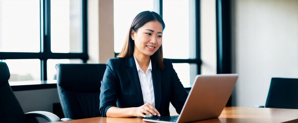 Fototapeta na wymiar an asian business woman sitting at a desk using a laptop computer at office, Generative AI.